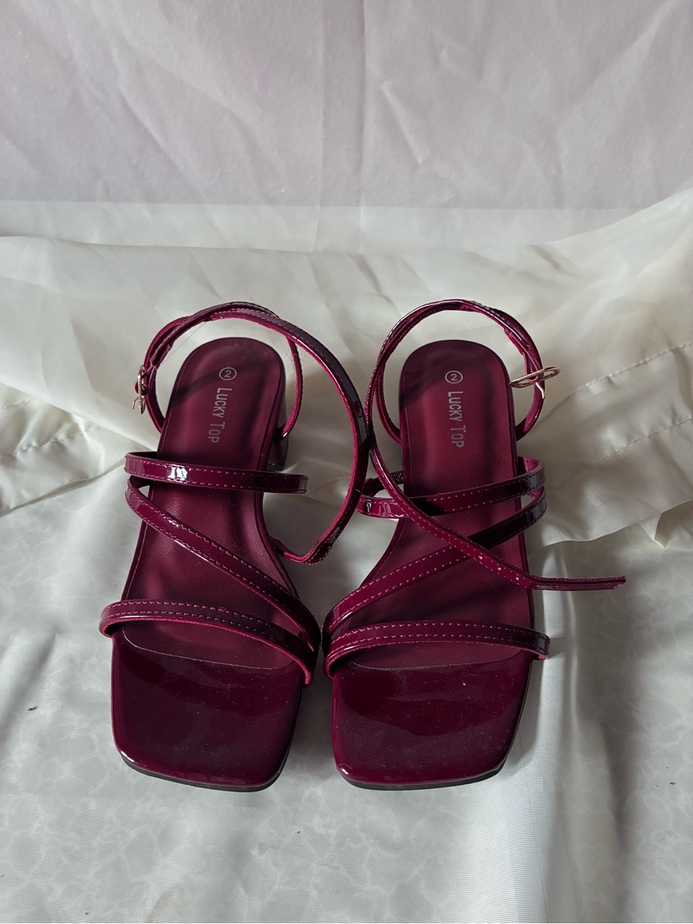 Lucky Top Women's Strappy Square-Toe Heels in Berry